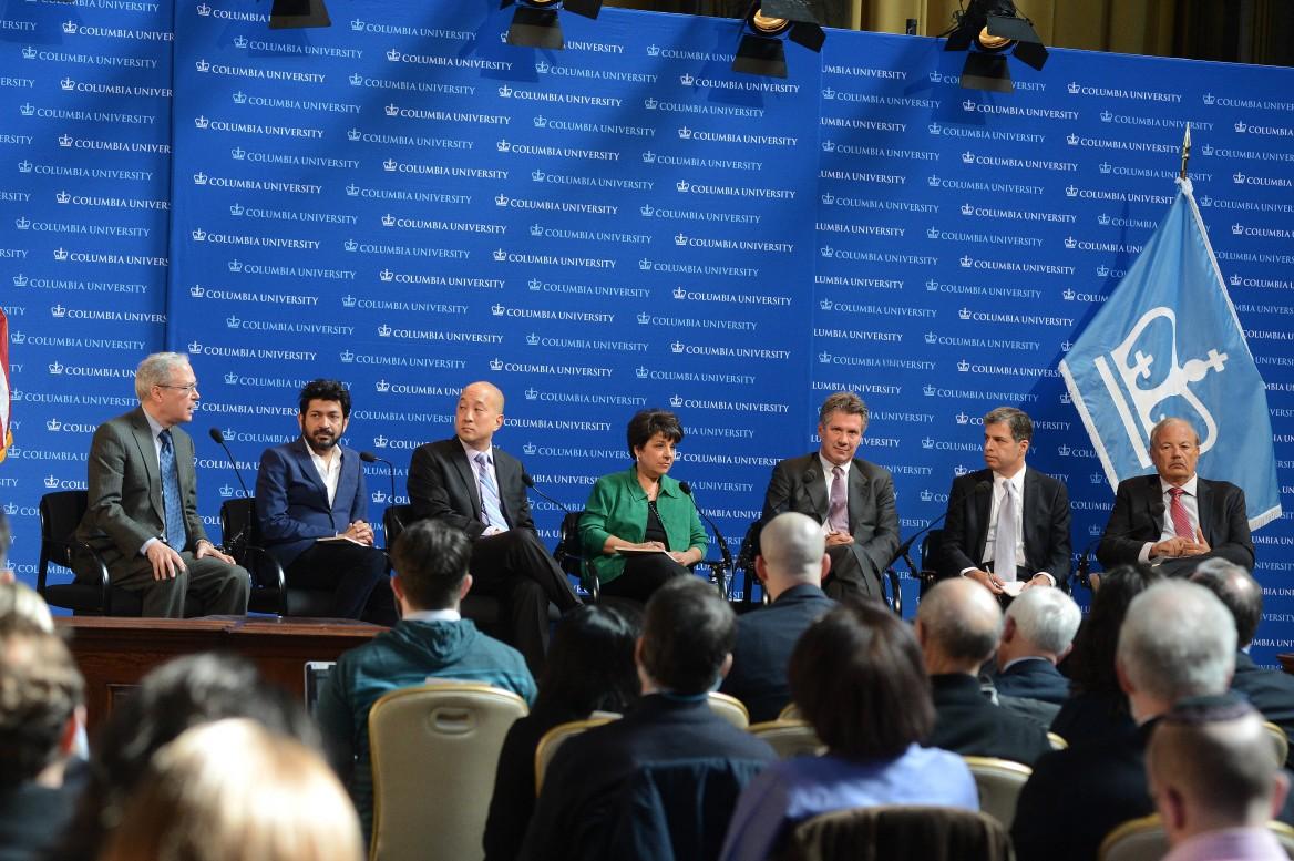 Photo: Panelists discussing the future of cancer research (from left): Stephen Emerson, MD, PhD; Sid Mukherjee, MD, DPhil; Andrew Kung, MD, Phd; Cory Abate-Shen, PhD; William Nelson, MD, PhD; Gary Schwartz, MD; Dennis Slamon, MD. (Photo: Eileen Barroso)